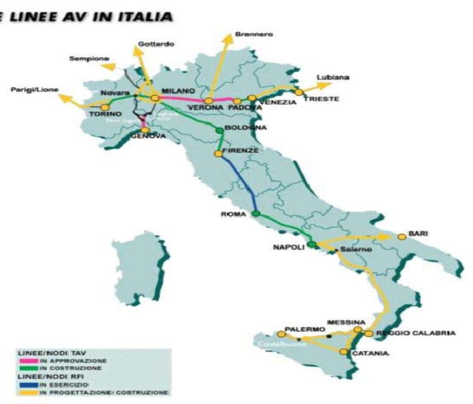 The largest project under construction is the high-speed railway line that runs from Milan to Naples, passing through Bologna, Florence, and Rome in between (Figure 2.1). A high- speed railway between Turin and Milan is nearing completion, while the connections between France and Italy and between Milan and Venice towards Slovenia are still at the project stage. 