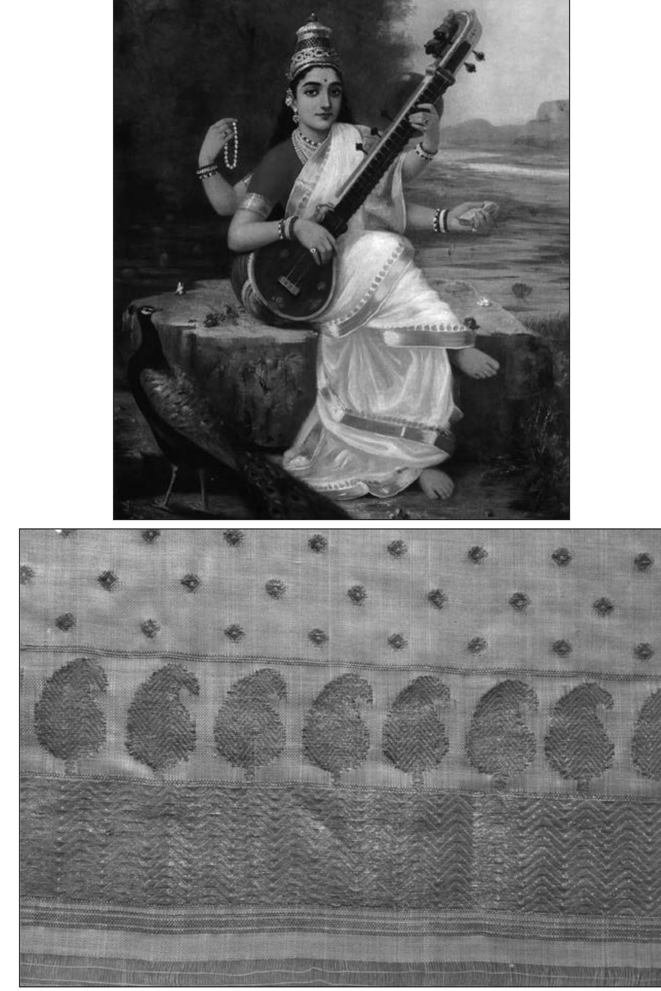 FIG. 3 Top: Painting of Goddess Saraswati by Raja Ravi Varma (1848-1906), with a jamdani border. (Source: Photo is in public domain.) Bottom: Jamdar on silk from Banaras, c.1880, in the Victoria & Albert Museum, London. (Source: Author photo.) 