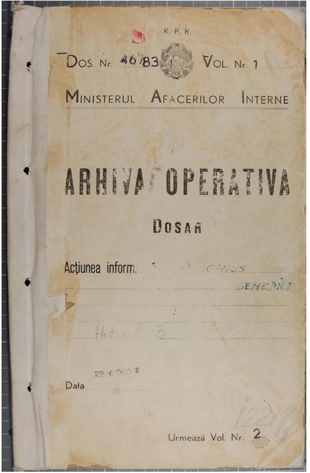 a. Fig. 8. Cover of the first volume of the informative file of the Burning Bush group. Courtesy of the National Council for the Study of the Securitate Archives (ACNSAS), Direction Research, Exhibitions, Publications (same as Fig. 9-11).  ACNSAS, Informative Fund, file 2214, volume 1, cover. 