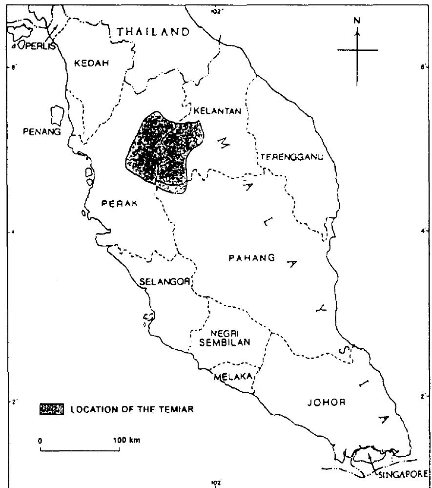 Map | : The location of the Temiar of Peninsular Malaysia  can hold meaning for its users-and perhaps something of its inventors’ intentions.  It is true, of course, that the terms alone cannot tell us much about real-life kinship patterns. But it is also true that the terms are an intrinsic part of those kinship patterns. This means that we must take at least two approaches. First, we need to analyse the ordered kinship terminologies to which the kin terms belong. In the final part of this paper I do just this by treating the Temiar referential kinship terminology as a formal calculus or algorithm, in the hope that such an analysis might reveal how the terminology can hold meaning for its users-and perhaps something of its inventors’ intentions. 