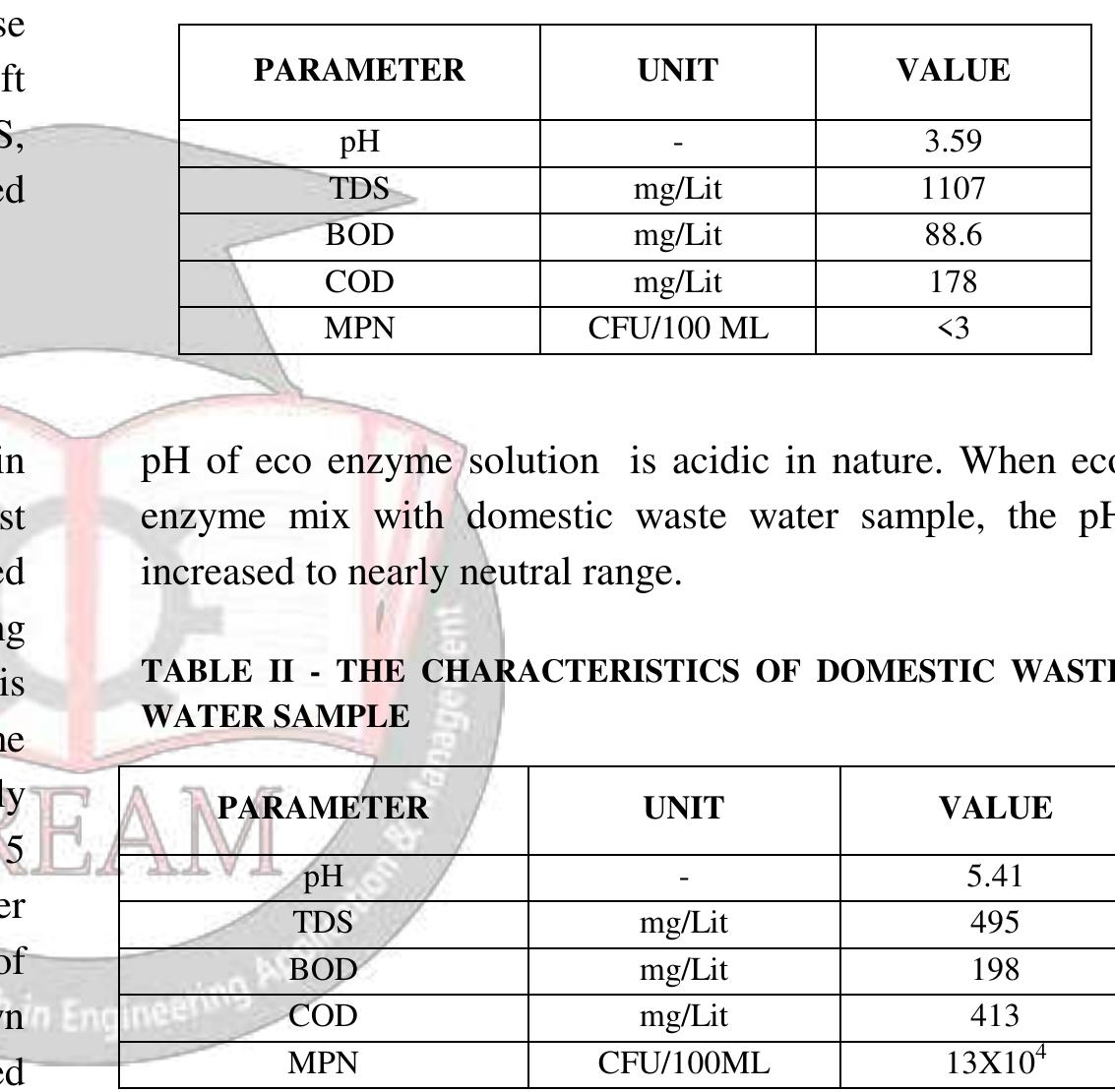 TABLE I - THE PROPERTIES OF ECO ENZYME  TABLE III - EFFLUENT PROPERTIES AFTER TREATMENT OF DOMESTIC WASTE WATER BY 5% ECO ENZYME SAMPLE 