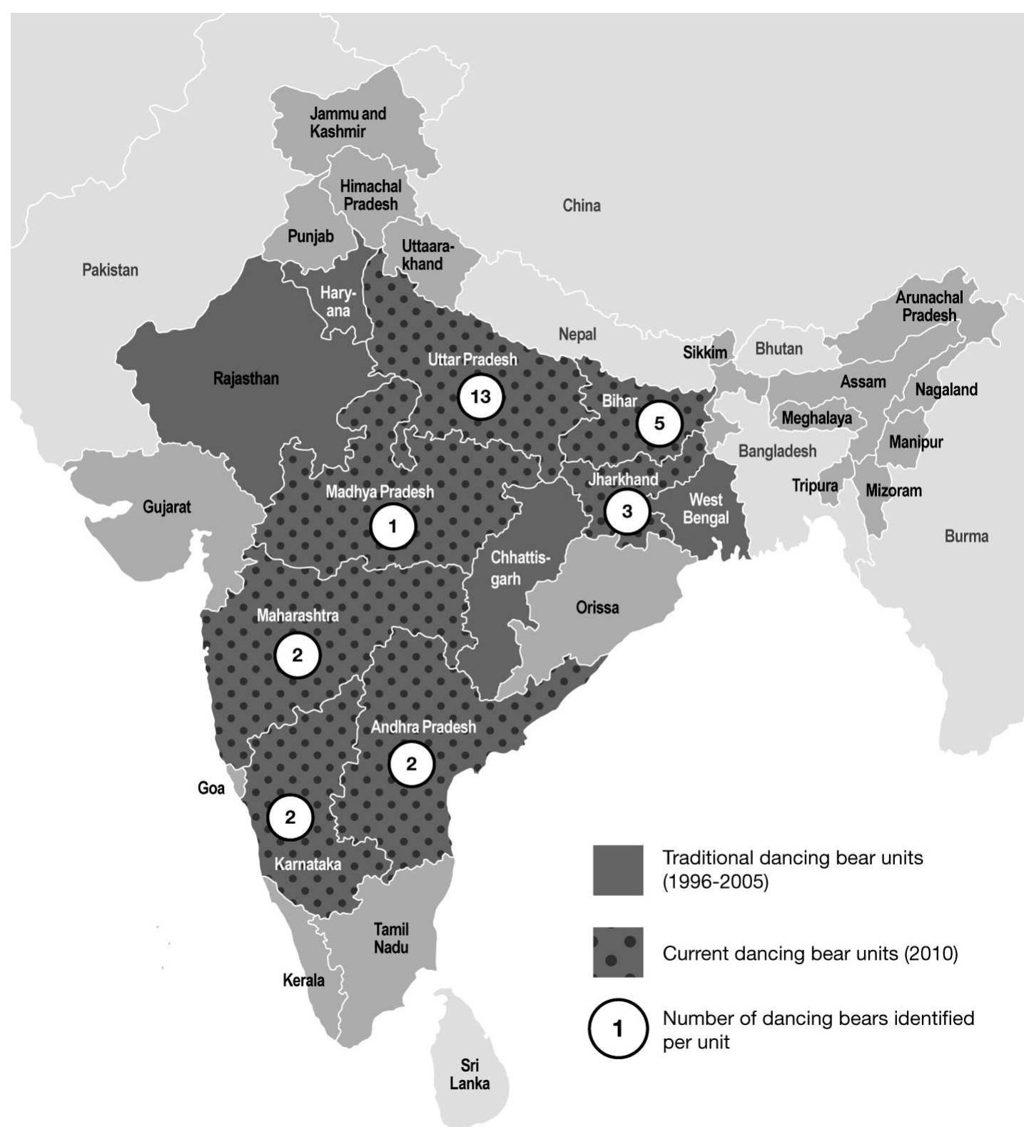 Haryana, Rajasthan, Chhattisgarh, and West Ben- gal), we encountered no dancing bears or their owners. 