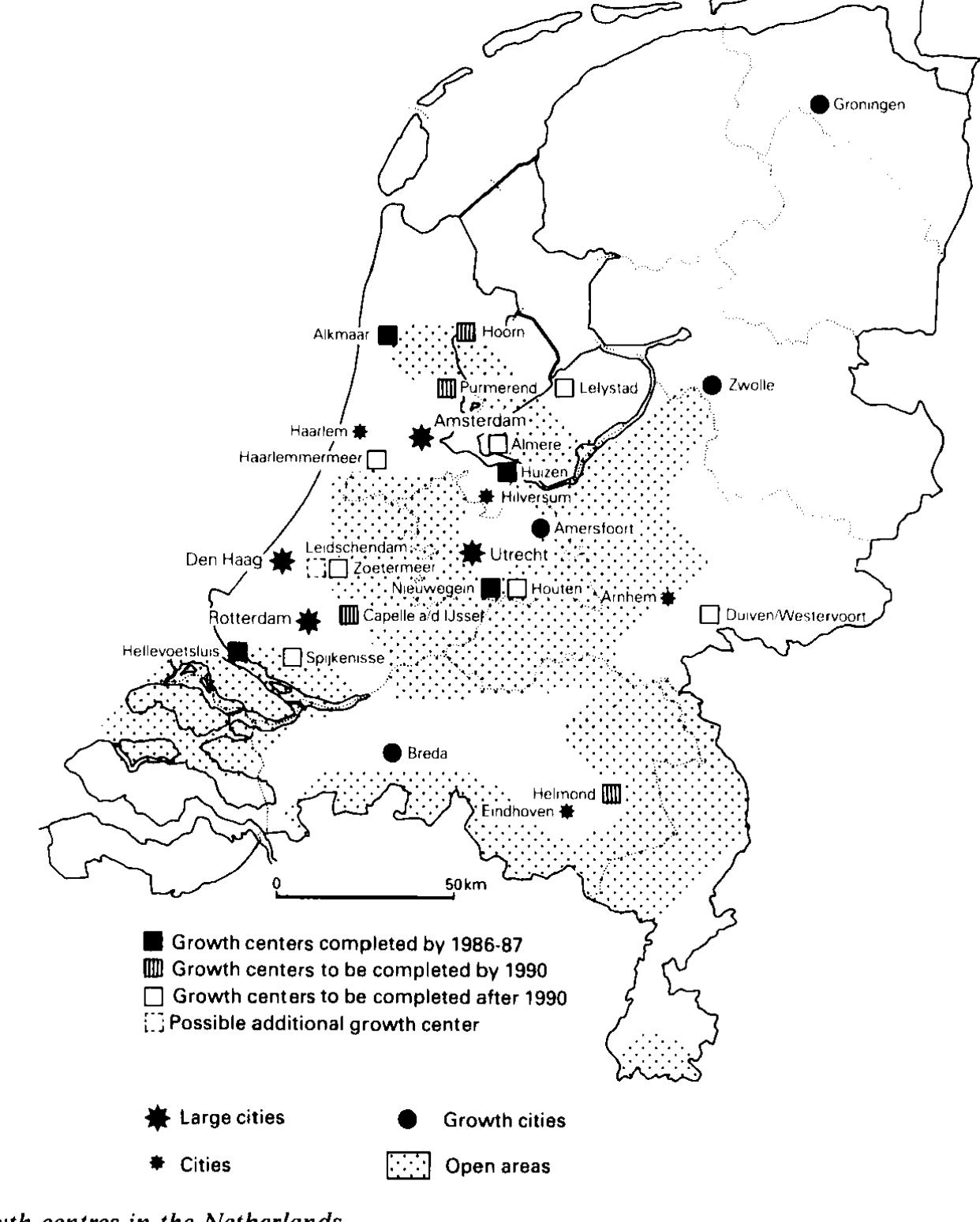 donor city at their disposal. Therefore they benefit from metropolitan services within reach and offer attractive options for the es- tablishment of companies and facilities. Some 2rowth centres are located far outside the ur- ban areas ; a number of these also lack the ad- vantage of regional support because of a rela- tively vacant hinterland (e.g., Hellevoetsluis, Lelystad). 