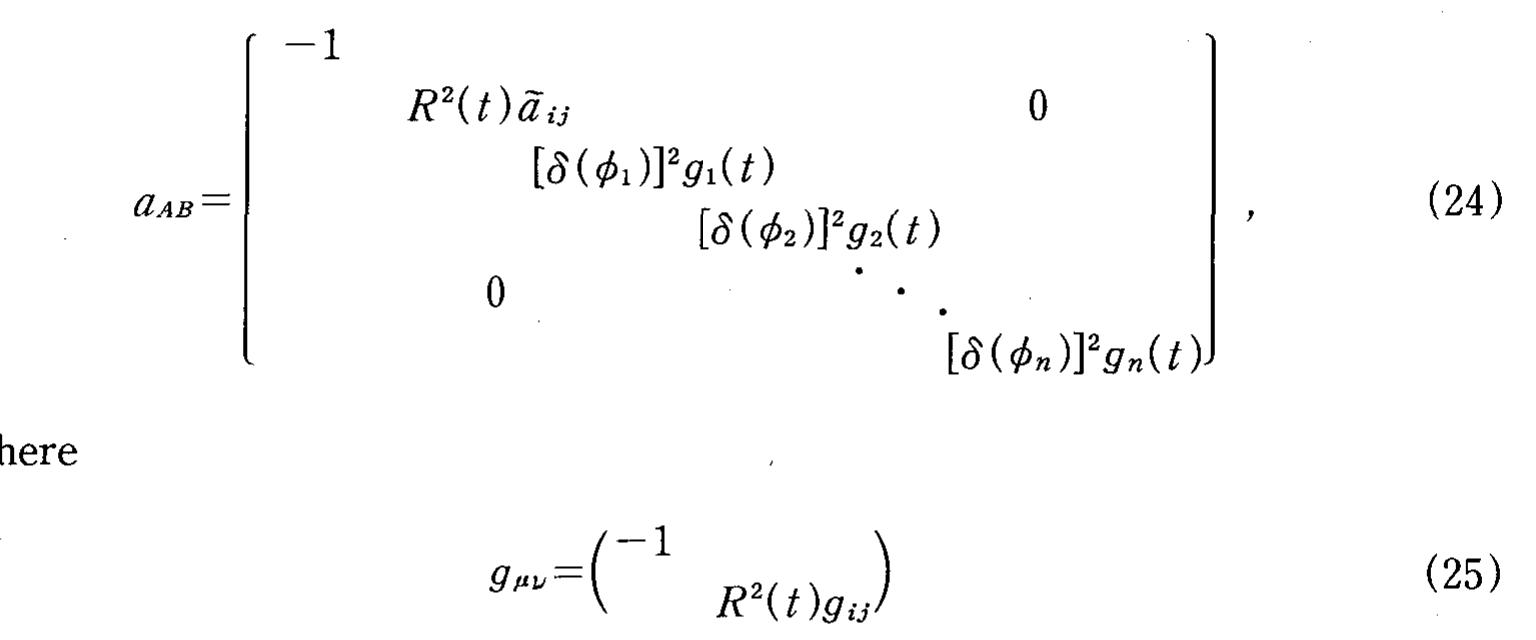 is the conventional Robertson-Walker metric implied by the cosmological princi- ple.* The form [6(¢%)]?ga(t) is implied by the form of Eq. (17)’ which in turn is a direct consequence of the equivalence of space-time and field. Equation (24) clearly shows the collapse rather than the compactification of the extra-dimen- sional coordinates. Mathematically minded readers may feel uneasy about the appearance of the square of delta functions. A rigorous treatment must presumably employ some limiting procedure which we do not digress to do in this paper. We proceed here in a purely formal way treating d(x) as if it were an ordinary function. Miraculously enough, we find that any relevant gauge invar- iant quantity is free of [6(¢)]? or of more complicated functions of 6(¢) or 8’(¢). For example, the gauge non-invariant affine tensor is given by 