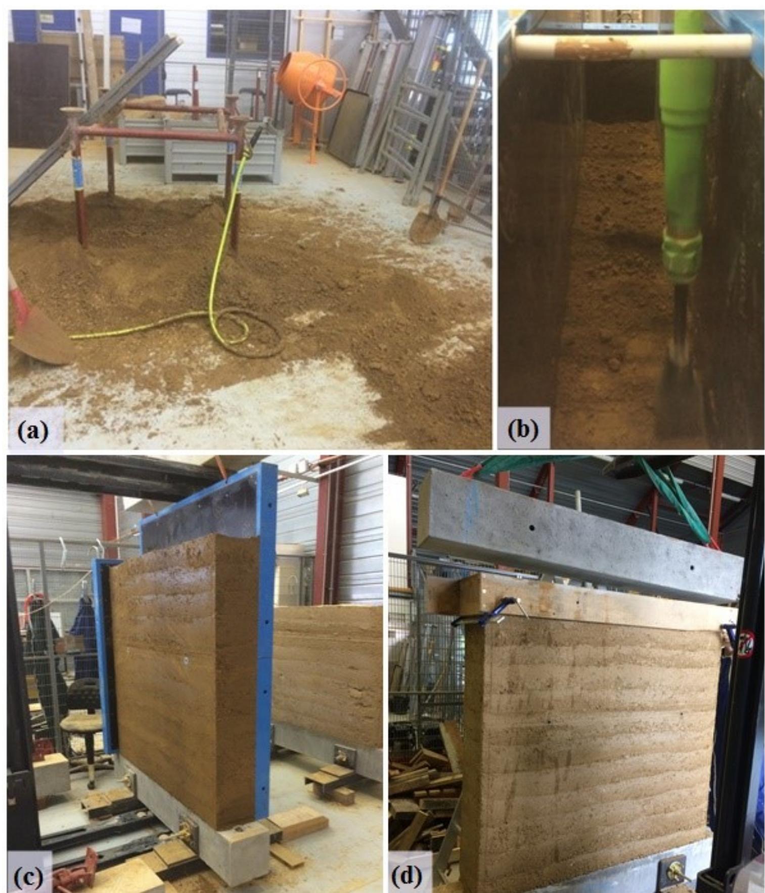 Water was added to the earth to obtain the optimum manufacturing water content (following the optimum proctor done in Chapter 2), approximately 12% by weight in this case. The characteristics of each wall are given in Table 3.2. Specimens were sampled to check the water  content repeatedly and the drop test was used along the preparation to control the water addition. The manual method assured the best homogenization of the earth. 