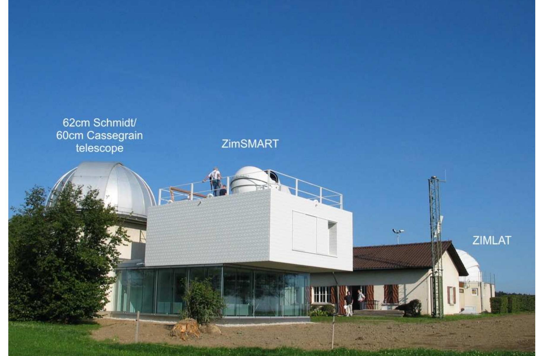 conditions. A filter wheel allows observations in different wavelengths reaching from blue to infrared. Switching of the filter can be done within a few seconds controlled by the telescope software. A special shuttering mode (“smear mode”) was developed to register the exposure epoch with an accuracy of about 1ms. An error of about 7ms corresponds to an along-track error of 0.1 arcsec for objects in geostationary orbits. 