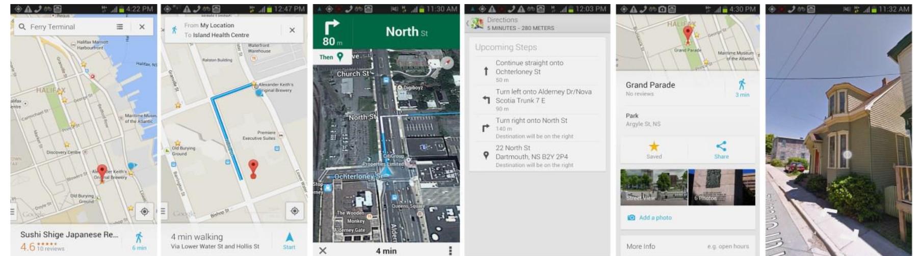 Figure 4-3: Map view, Map with route view, satellite view, text view, map and street  Figure 4-3 shows these views on Google Maps (GM). 