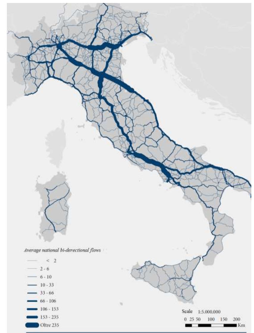 Figure 1: The average daily flow of carpooling travels in Italy [7]  The operator that dominates the Italian and European market for Personal Carpooling is currently the BlaBlaCar with more than 50 million users in 22 countries. Born in France in 2006 BlablaCar arrived in Italy in 2012. In 2017 BlaBlaCar had 2,5 million users and since 2012 1,5 billions of kms had been offered [6].  The success of this kind of carpooling is linked to the weekly commuters that come back home in the weekend from the big urban areas. The most popular trips by carpooling are Milan-Genoa, Milan-Padua and Rome-Naples, but the average 