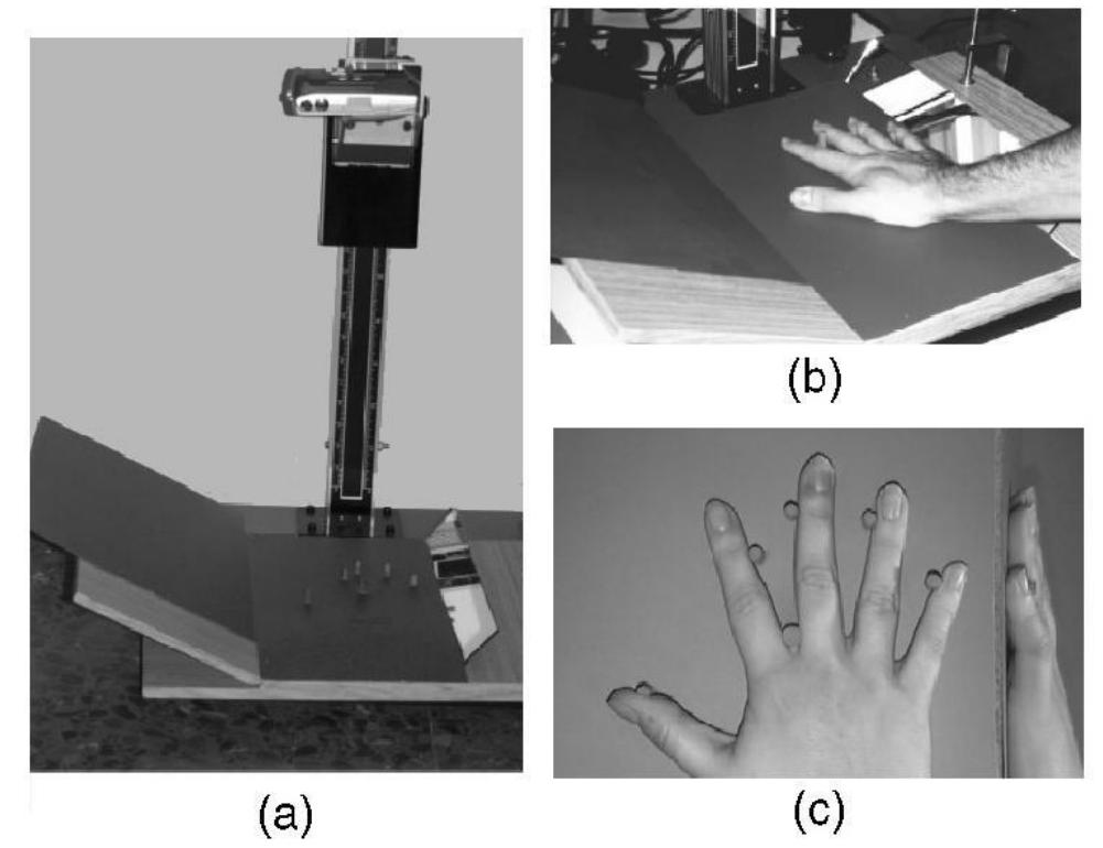 Figure 5. Prototype design a) platform and camera, b) placement of user’s hand, c) photograph taken 