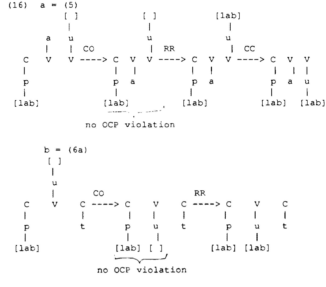 Since the trigger element of both case (7) and (11) is the secondary feature, Redundancy rule must be applied after creating codas, and OCP should be effec- tive after rule application. Thus the back rounded vowels will have OCP opera- tion, as illustrated in (17):  My new hypothesis in (15) can be used to explain all the above mentioned data. Since the trigger element of both case (5) and (6) is the primary feature, Redundancy rule must be applied after creating onsets and before creating codas, and OCP should be effective before rule application. Thus the back rounded vowels will not affect OCP, as seen in (16): 