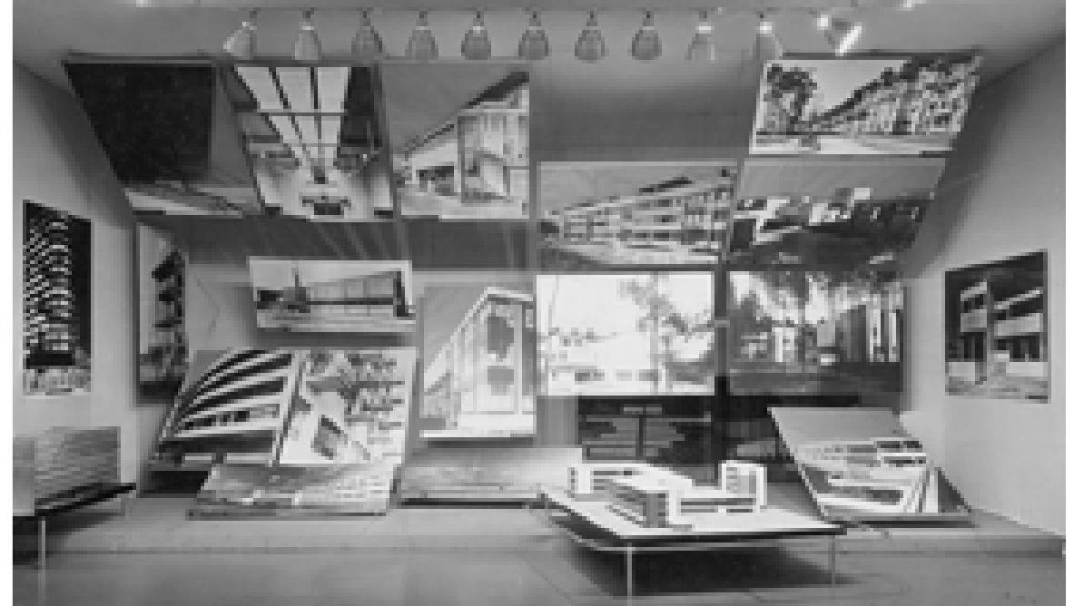 In several of Bayer’s projects of exhibition design, two relationships  can be observed: sequence of the  either the visitor moves in space following a logical ayout of the items being exhibited (public circula-  tion planning), or he is in a fixed position, sitting or standing, while  exhibitors flexib fields of vision). 1  y stand before the viewer (planning the viewer’s (he Field of Vision was a system developed by Bayer  in his projects, The system aimed to create vision possibilities for the  observer who wo  uld not be limited to the traditionally directed hori- 