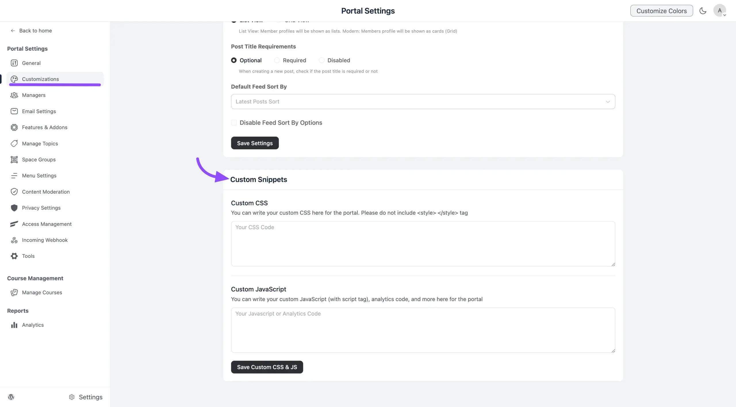 Custom CSS or JS option in FluentCommunity