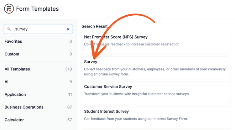 Screenshot of a form template search result page showing various survey options with an orange arrow pointing to a template labeled 'Survey.'