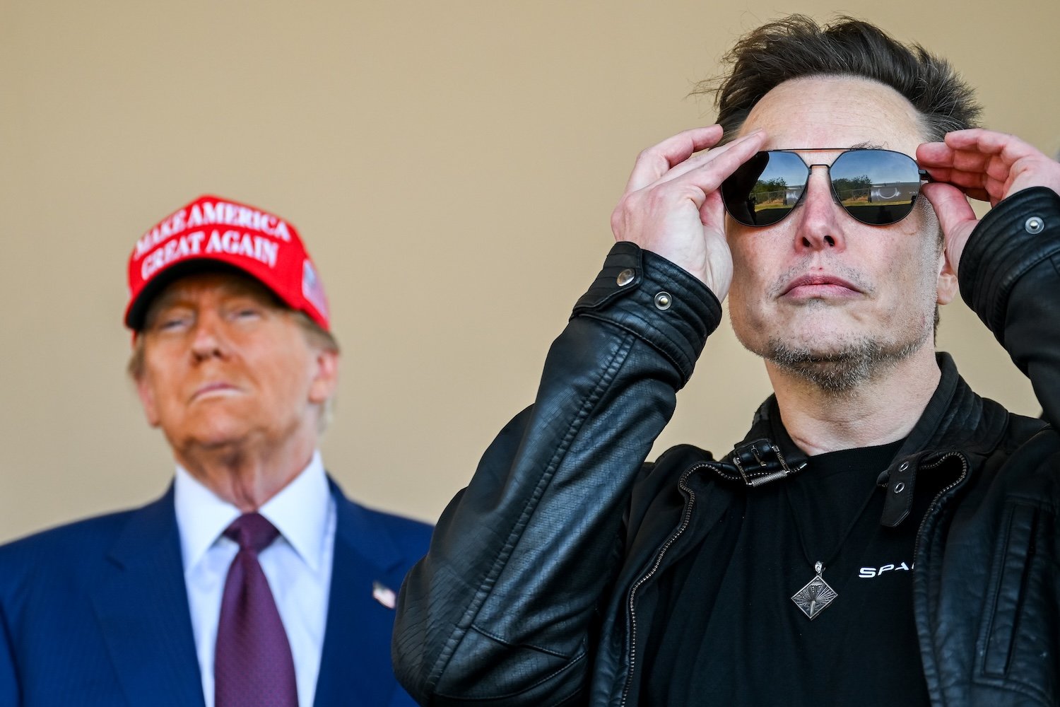 Donald Trump and Elon Musk watch the launch of the sixth test flight of the SpaceX Starship rocket on November 19, 2024 in Brownsville, Texas.