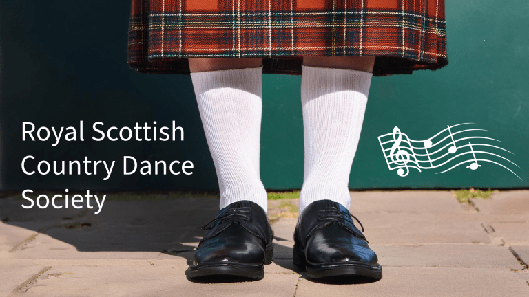 RSCDS Graphic with someone wearing a kilt and black shoes