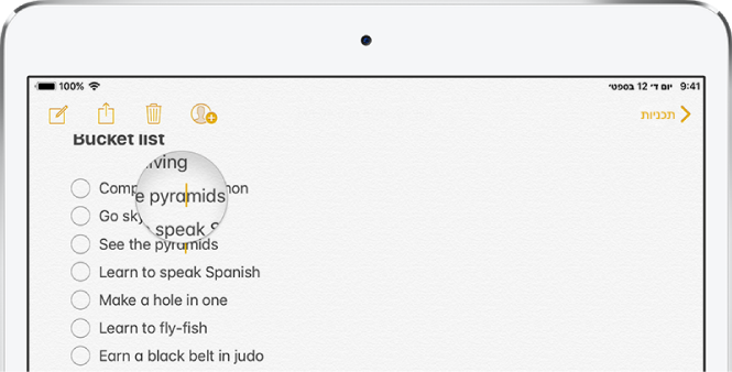 זכוכית מגדלת מופיעה במקום שבו האצבע תיגע במסך, ומציגה תקריב של מיקום הסמן במלל.