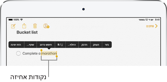 פתק לדוגמא כשחלק מהמלל נבחר. מעל לקטע הנבחר, נמצאים הכפתורים ״גזור״, ״העתק״, ״הדבק״ ו״החלף״. המלל הנבחר מודגש, עם נקודות תפיסה בכל קצה.