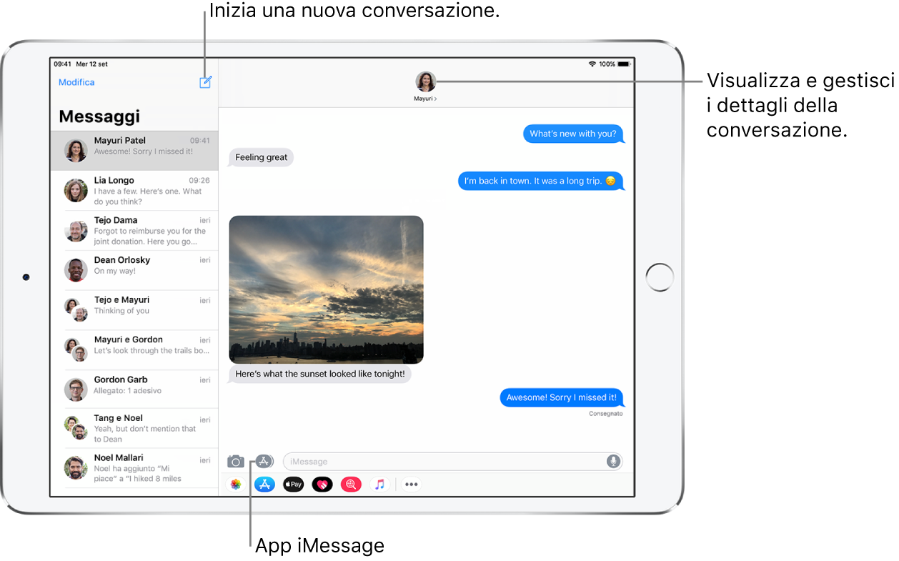 L’elenco Messaggi sulla sinistra e una conversazione sulla destra. In cima all'elenco dei messaggi, rispettivamente nell'angolo sinistro e destro, sono presenti il pulsante Modifica e Scrivi. Nella parte superiore destra della finestra della conversazione è presente il pulsante “Altre info”. Nella parte inferiore della finestra della conversazione, da sinistra verso destra, si trovano il pulsante “Allega foto o video”, il pulsante Digital Touch, il pulsante “App di messaggistica”, il campo di testo e il pulsante “Registra audio”.