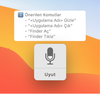 Sesle Denetim geri bildirim penceresi; yanında Finder’ı Aç veya Finder’ı Tıkla gibi önerilen komutlar görüntüleniyor.