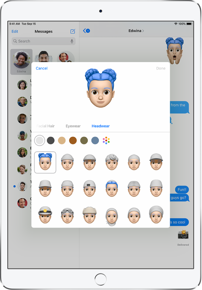 Memoji izveides ekrāns, kurā pats personāžs atrodas augšdaļā, pielāgojamie parametri atrodas zem tā, bet atlasītā parametra opcijas ir pašās beigās. Poga Done atrodas augšējā labajā stūrī, un poga Cancel ir augšējā kreisajā stūrī.