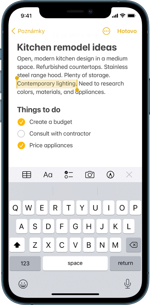 Poznámka v apke Poznámky s označenou časťou odseku.