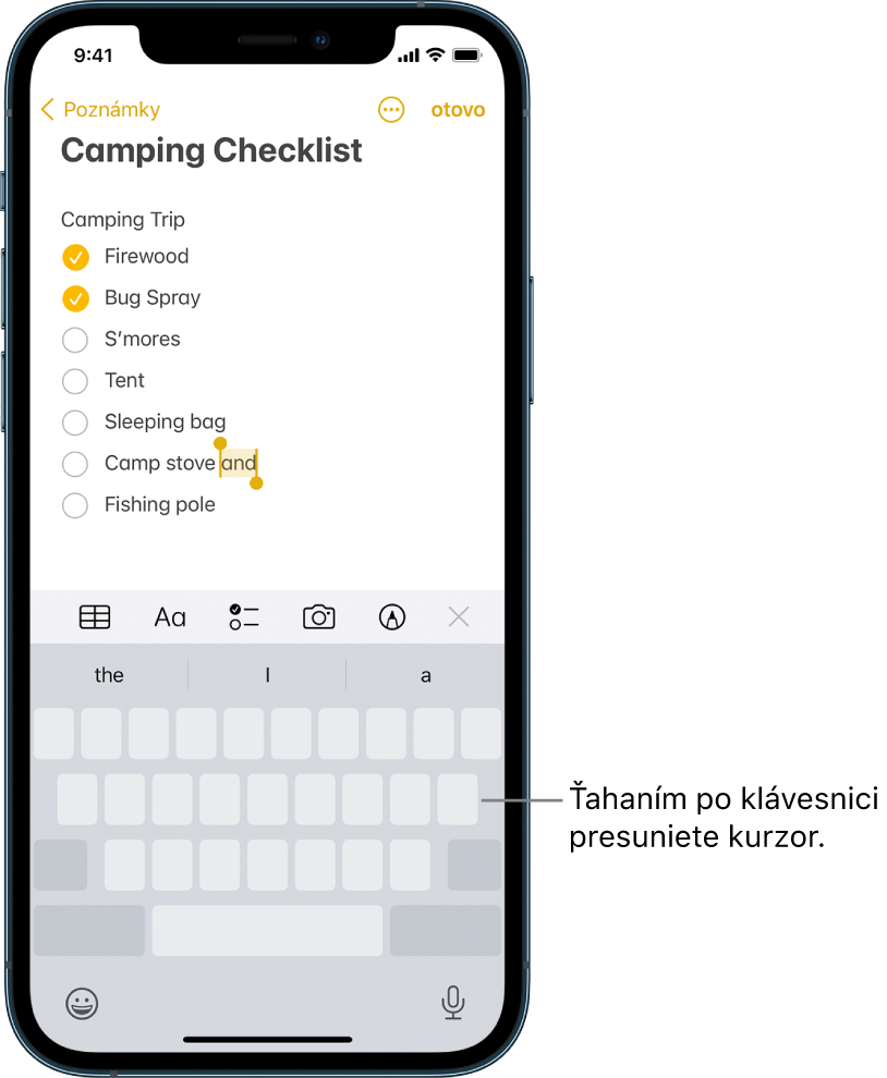 Upravovaná poznámka po zmene klávesnice na trackpad. Klávesnica je stlmená, čo znamená, že teraz funguje ako trackpad.