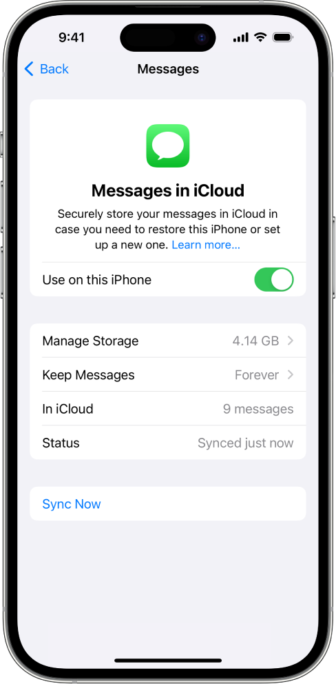 iCloud 設定中的「訊息」畫面。「同步此 iPhone」已開啟。