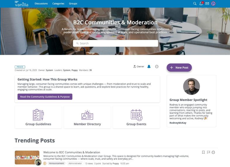 xample of a Higher Logic Vanilla Group homepage designed using Layout Editor with drag-and-drop widgets.