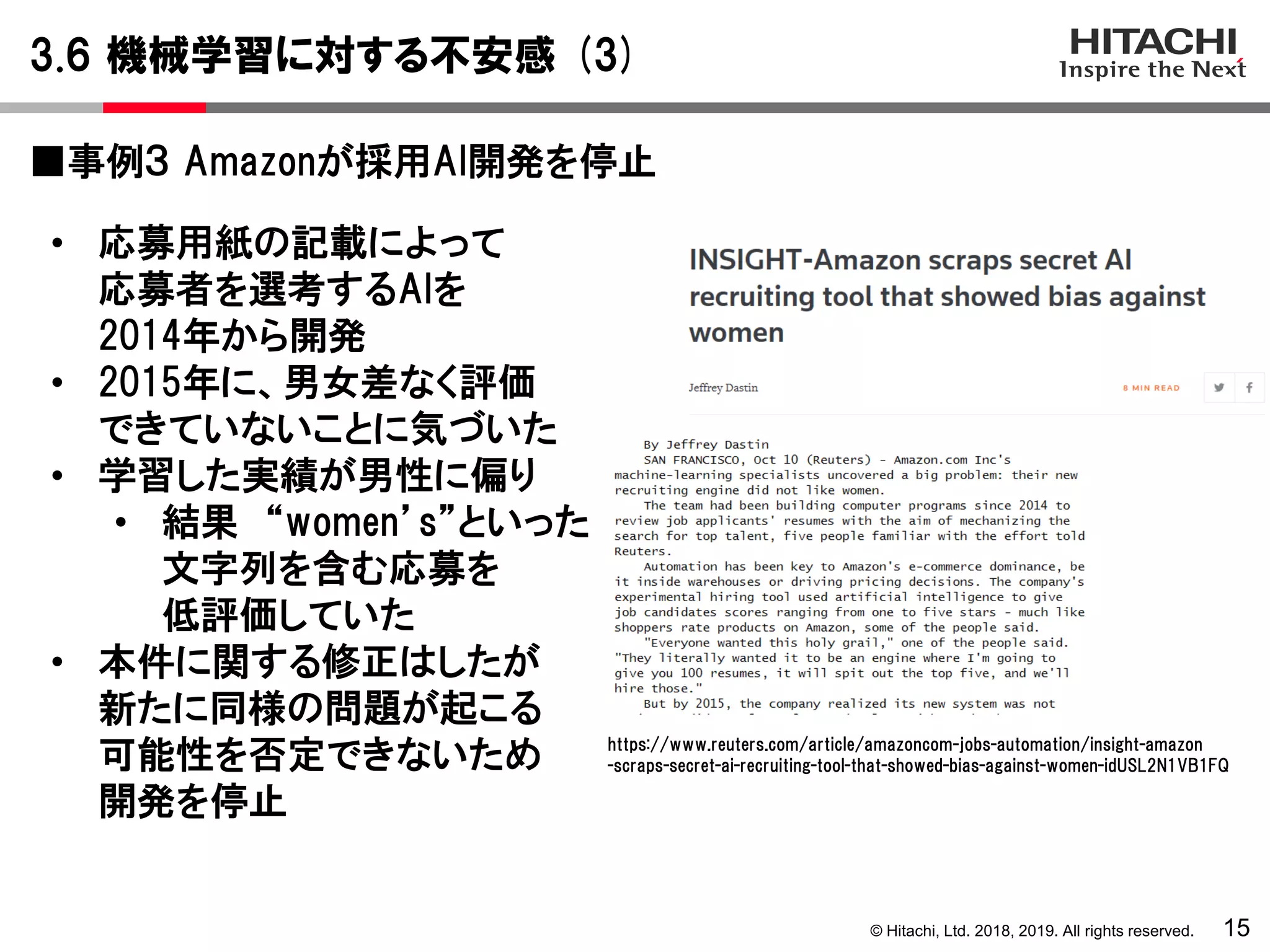 © Hitachi, Ltd. 2018, 2019. All rights reserved.
3.6 機械学習に対する不安感 (3)
15
■事例３ Amazonが採用AI開発を停止
https://www.reuters.com/article/amazoncom-jobs-automation/insight-amazon
-scraps-secret-ai-recruiting-tool-that-showed-bias-against-women-idUSL2N1VB1FQ
• 応募用紙の記載によって
応募者を選考するAIを
2014年から開発
• 2015年に、男女差なく評価
できていないことに気づいた
• 学習した実績が男性に偏り
• 結果 “women’s”といった
文字列を含む応募を
低評価していた
• 本件に関する修正はしたが
新たに同様の問題が起こる
可能性を否定できないため
開発を停止
 