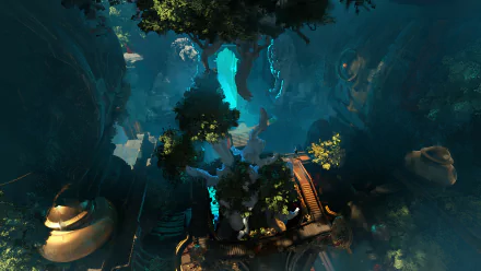 HD fantasy cave PC desktop wallpaper: glowing blue cavern with hanging trees, wooden bridges and ancient stone structures, shafts of light illuminating an underground forest.