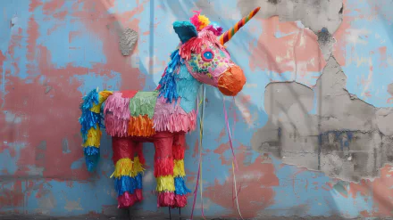 Colorful unicorn piñata against a grunge wall HD wallpaper.