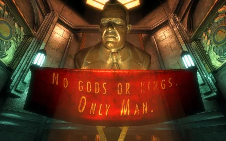 HD PC desktop wallpaper from the video game Bioshock featuring a large statue holding a red banner with the text No Gods or Kings. Only Man. in a dimly lit room.