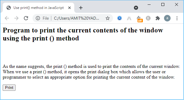 JavaScript print() method