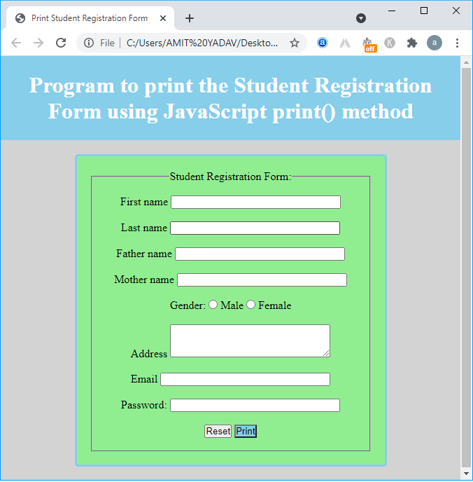 JavaScript print() method
