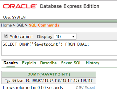 Oracle String DUMP Function