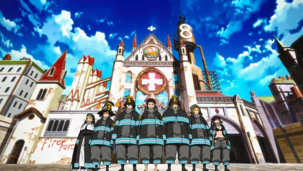 HD anime desktop wallpaper featuring Fire Force characters standing in front of a detailed church under a bright blue sky with dynamic clouds.