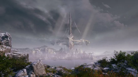 Stellar Blade video game 4K Ultra HD PC desktop wallpaper — misty coastal ruins with rocky foreground and a towering spire rising above a fog-shrouded city beneath a stormy sky.