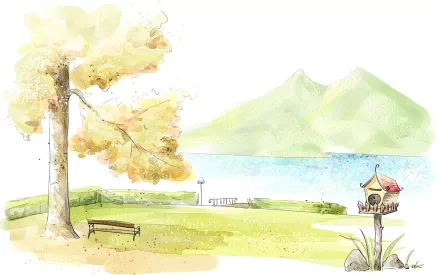 Artistic drawing of a peaceful lakeside scene with a large tree, bench, birdhouse, and distant mountains, designed as an HD PC desktop wallpaper background.