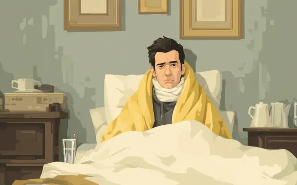 4K Ultra HD wallpaper depicting a sick man wrapped in a yellow blanket, sitting up in bed with a somber expression, surrounded by bedside furniture and medical items.