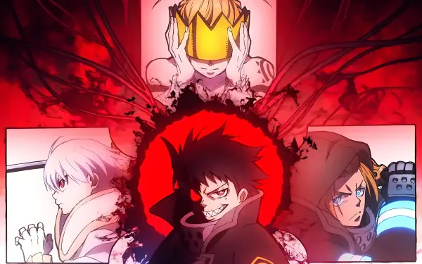 Fire Force anime 4K Ultra HD PC desktop wallpaper: three characters against a blood-red backdrop — a grinning central hero in a hood with flame motifs and two allies at left and right.