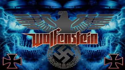 HD PC desktop wallpaper for the video game Wolfenstein: bold Wolfenstein logo over a metallic eagle, swastika and iron crosses with glowing blue skull motifs in the background.