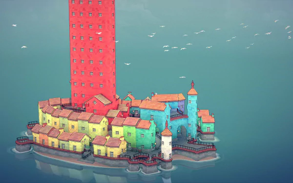 HD desktop wallpaper featuring a colorful, whimsical Townscaper island city with a prominent red tower surrounded by water.