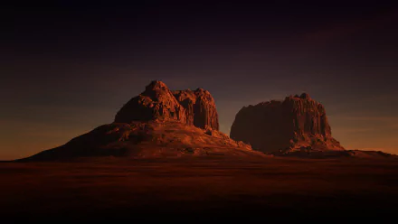 4K Ultra HD PC desktop wallpaper featuring a serene desert landscape with rugged rock formations under a darkening sky at dusk.