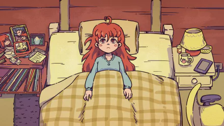 HD PC desktop wallpaper and background of Celeste lying awake in bed under a plaid blanket in a cozy pastel bedroom, surrounded by a nightstand, books and framed photos.
