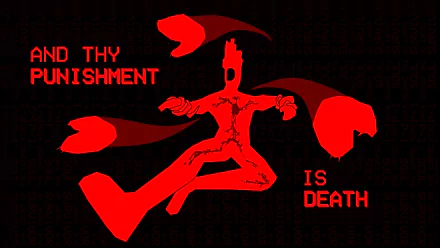 ULTRAKILL video game themed HD desktop wallpaper featuring a red silhouette with the text 'AND THY PUNISHMENT IS DEATH' on a dark background.