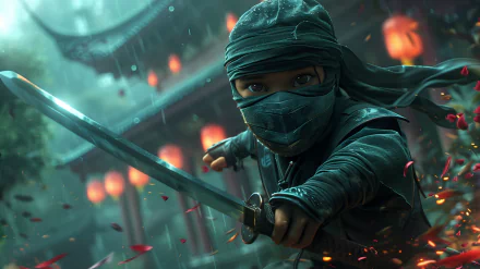 Chibi ninja character with sword poised for action in a mystical forest setting, HD desktop wallpaper background with vibrant colors.”