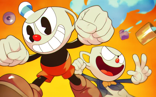 A vibrant HD desktop wallpaper featuring characters from the video game Cuphead, showcasing Cuphead and Mugman with energetic expressions against a colorful background.
