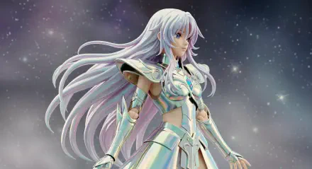 Anime figure with flowing silver hair and futuristic armor set against a starry background, rendered in stunning 4K Ultra HD for PC desktop wallpaper.