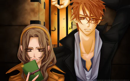 HD anime wallpaper featuring Ruka Souen and Akatsuki Kain from Vampire Knight, with Ruka holding a green notebook against a dark, atmospheric background.