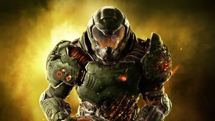 Doomguy from DOOM Eternal in detailed green armor, set against a fiery background, showcased in a 4K Ultra HD PC desktop wallpaper inspired by Doom (2016).